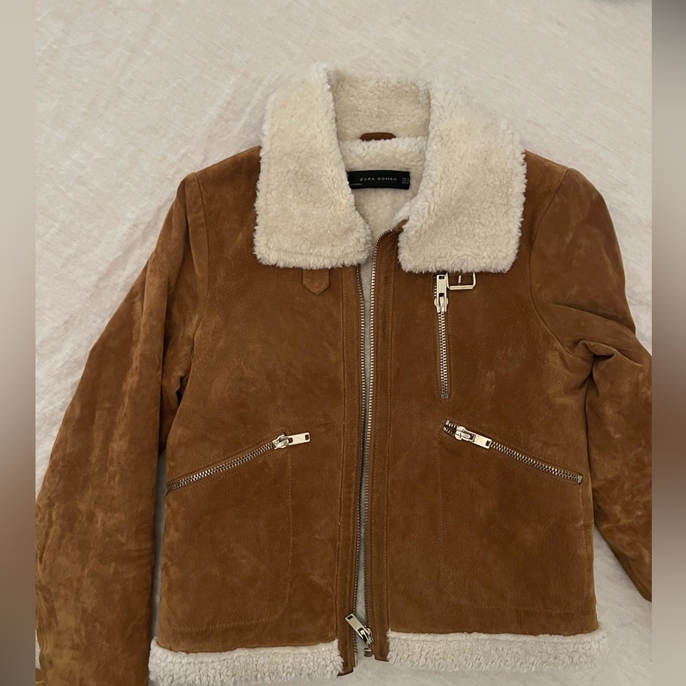 Zara Shearling Moto Jacket brown leather - Picture 4 of 4